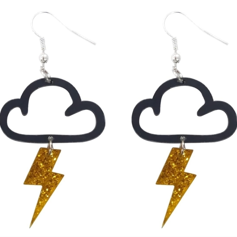 Women’s Jewelry Black Cloud Dangle Earrings with Sparkley Gold Lightning Bolt